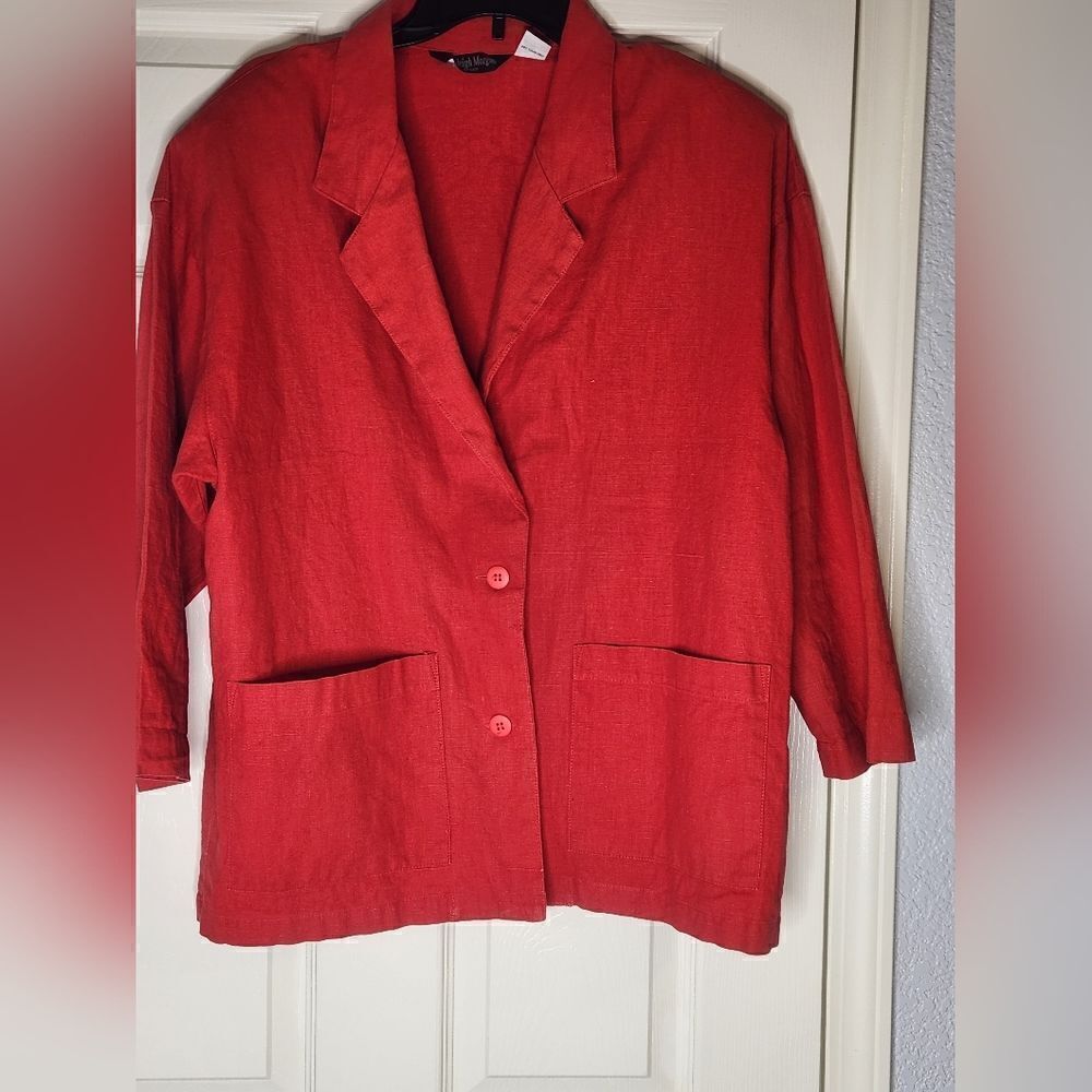 Vtg Ashleigh Morgan XXL Red 55% LINEN Pockets 2 Bottoms Women’s Cardigan